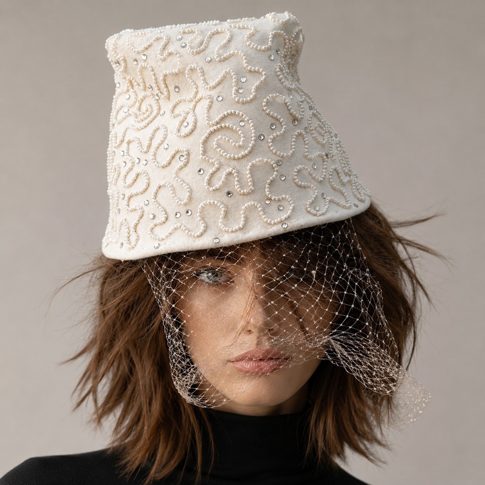 Vintage Style White Pearl Rhinestone‎ Pillbox Hat Birdcage Veil Bridal Formal